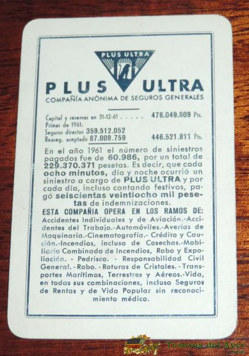 Calendario Fournier Publicidad Compa�ia Seguros Plus Ultra 1963 - Muy Raro.