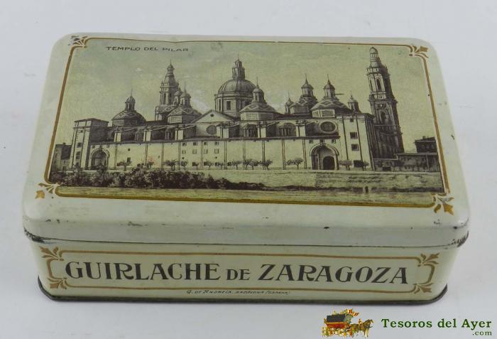 Antigua Caja De Hojalata Litografiada Con Publicidad De Guirlache De Zaragoza, Templo Del Pilar, Ed. G. De Andreis, Badalona, Mide 15,5 X 9,8 X 5 Cms.