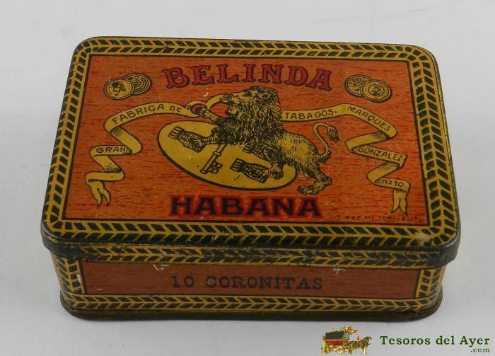 Antigua Caja De Hojalata Litografiada Con Publicidad De Tabaco Belinda, Habana, 10 Coronitas, Mide 9,5 X 7 Cms.