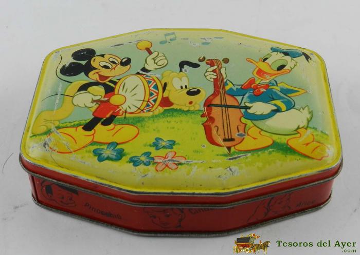 Caja De Hojalata Litografiada Con Ilustraciones De Mickey, Pato Donald Y Pluto, Ltd Walt Disney, , George W. Horner & Co, Made In England, Mide 13,5 X 10,5 X 3,2 Cms.