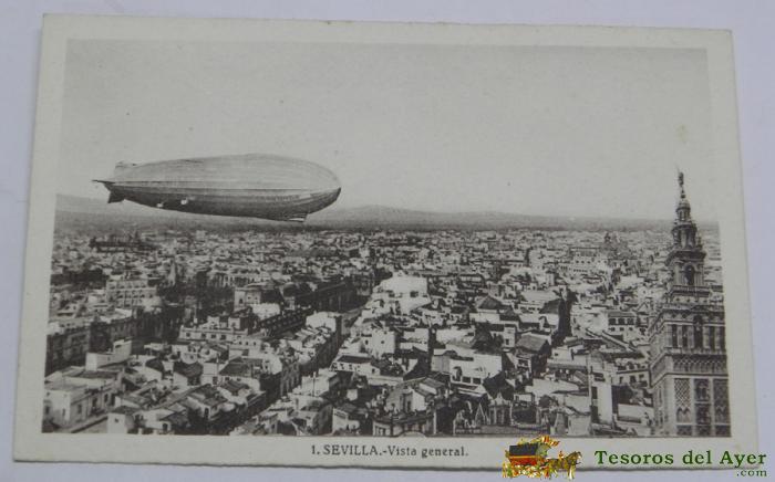 Postal De Sevilla, Vista General, Zeppelin, Fot. L . Roisin. No Circulada.