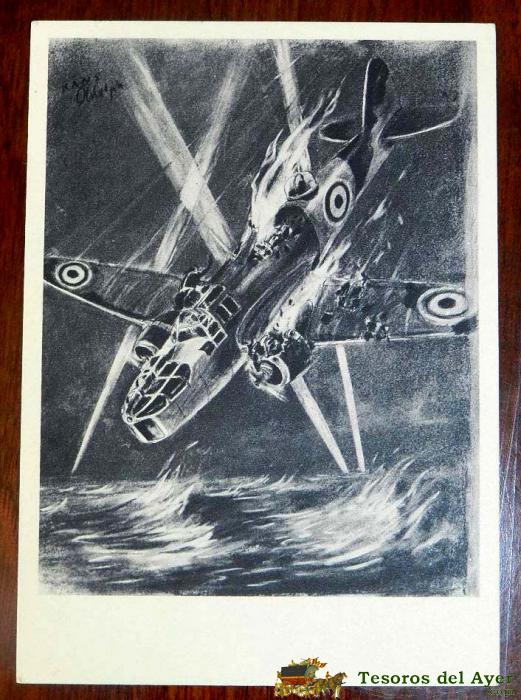 Postal Avion De Combate Ingles En El Momento De Caer, Ii Guerra Mundial, Mide 14,5 X 10,5 Cm