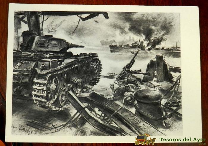 Postal Carro De Asalto Aleman Ca�onea Unidades De La Flota Inglesa, Ii Guerra Mundial, Mide 14,5 X 10,5 Cm