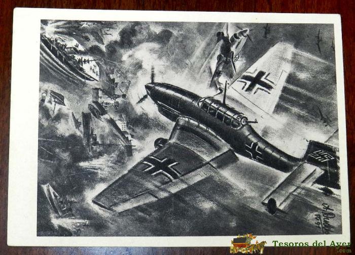 Postal De Un Portaviones Ingles Es Bombardeado Por Un Ju. 87, Ii Guerra Mundial, Mide 14,5 X 10,5 Cm