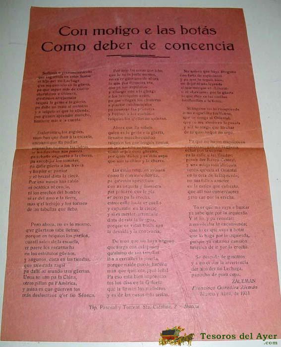 Antiguo Folleto Murciano 1931 - Con Lenguaje Huertano - Cartel . Con Motigo E Las Botas . Como Deber De Concencia - Tip. Pascual Y Torrent . Murcia - Mide 30,5 X 21 Cms.