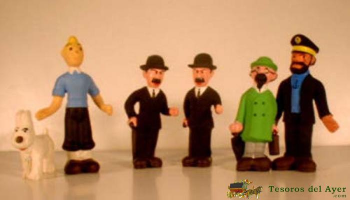 Juego De Seis Mu�ecos De Tintin Fabricados En Espa�a Por La Empresa Laya En Los A�os 60, Cada Mu�eco Va Embalado En Una Bolsita De Plastico Con Un Carton. Rarisimo.