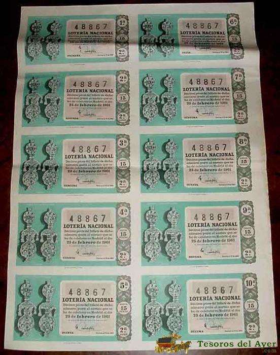 Antiguo Billete De La Loteria Nacional Sorteo De 25 De Febrero De 1961 Con 10 Decimos - Mide 51 X 36 Cms. - Buen Estado De Conservacion - Ancien Loterie - Old Lottery
