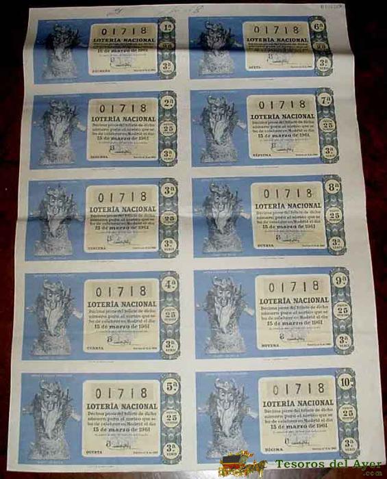 Antiguo Billete De La Loteria Nacional Sorteo De 15 De Marzo De 1961 Con 10 Decimos - Mide 51 X 36 Cms. - Buen Estado De Conservacion - Ancien Loterie - Old Lottery