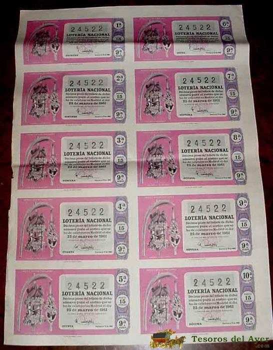 Antiguo Billete De La Loteria Nacional Sorteo De 25 De Marzo De 1961 Con 10 Decimos - Mide 51 X 36 Cms. - Buen Estado De Conservacion - Ancien Loterie - Old Lottery