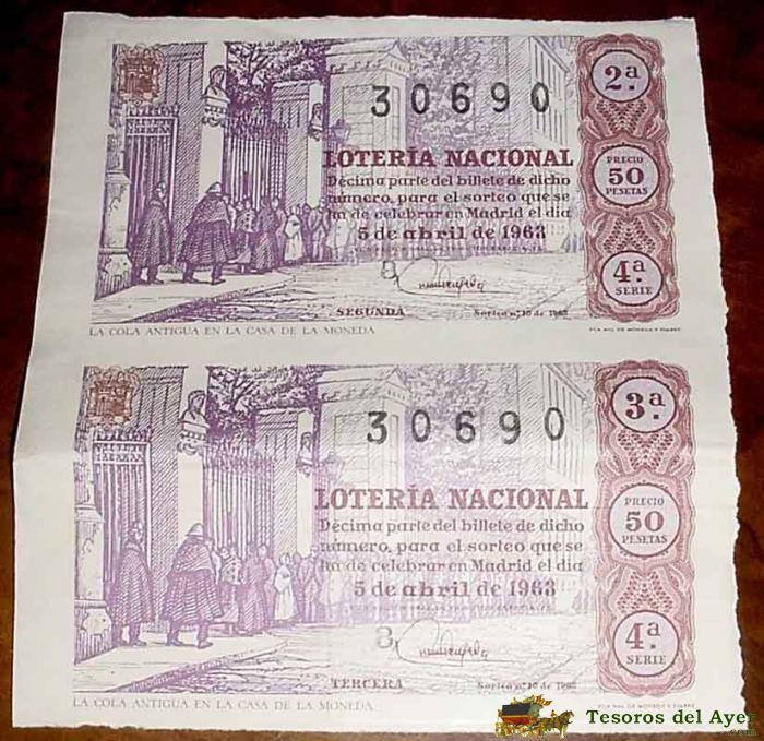 2  Antiguos Decimos De La Loteria Nacional Sorteo De 5 De Abril De 1963 - Buen Estado De Conservacion - Ancien Loterie - Old Lottery