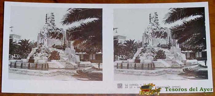 Antigua Foto Estereoscopica De La Coru�a - Coleccion N. 104 - 1� Serie - Ed. Relley - Monumento A Concepcion Arenal - N. 12.