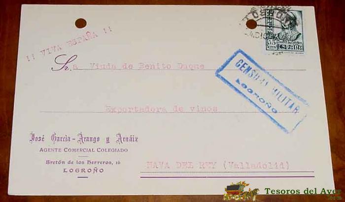 Antigua Tarjeta Postal Guerra Civil, Con Sello De Censura Militar De Logro�o - Circulada En 1937 - Tiene Dos Agujeritos Por Haber Estado En Un Archivador - Algun Deterioro