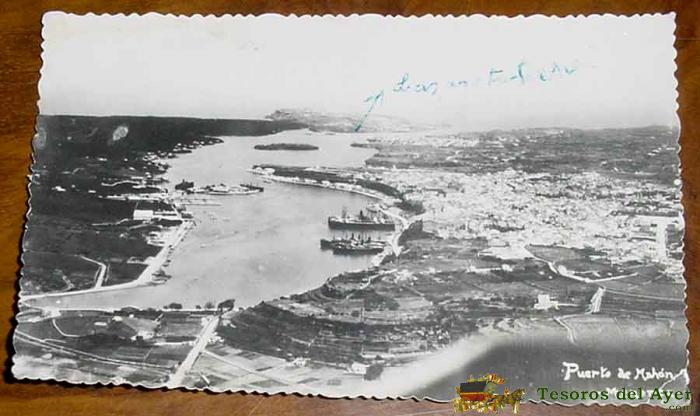 Antigua Foto Postal De El Puerto De Mahon (menorca) Vista Aerea - Escrita En 1960