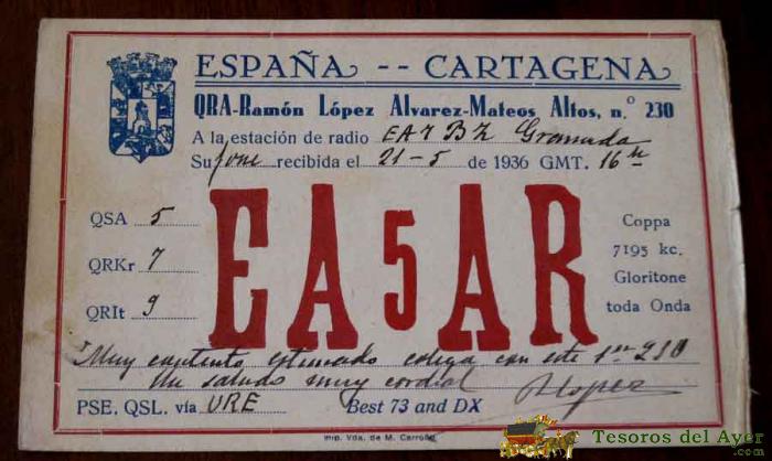 Antigua Tarjeta Qsl De La Republica 21 De Mayo De 1936 . Ea5ar - Cartagena