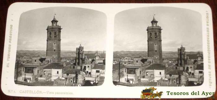 Antigua Estereoscopia De Castellon - Vista Panoramica - N. 1 - El Turismo Practico - Vistas Estereoscopicas De Espa�a - Mide 16,5 X 8 Cms.