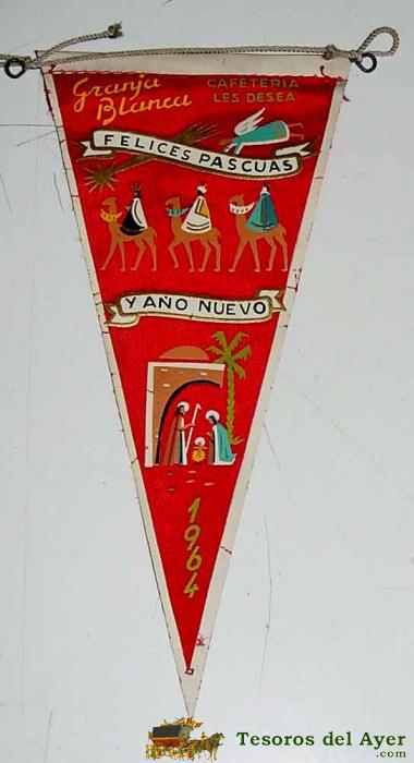 Antiguo Banderin Con Publicidad De Granja Blanca, Cafeteria 1964 - Mide 21 Cms. De Longitud - Tela