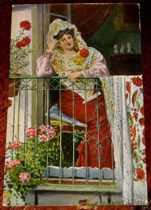 Antigua Postal De Mujer En El Balcon - No Circulada - Ilustrada Por Luis Del Aguila.