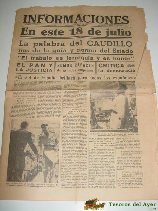 Periodico Informaciones - 18 De Julio De 1941 . Palabras Del Caudillo . 8 Paginas, Critica De La Democracia - Mide 40 X 27,5 Cms. Completamente Original Antiguo.