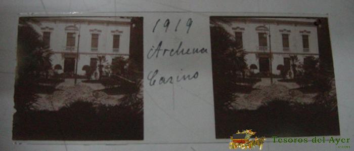 Antigua Fotografia Estereoscopica Del Casino De Archena, Murcia - Balneario 1919 - Positivo En Cristal - Mide 10,5 X 4,3 Cms.