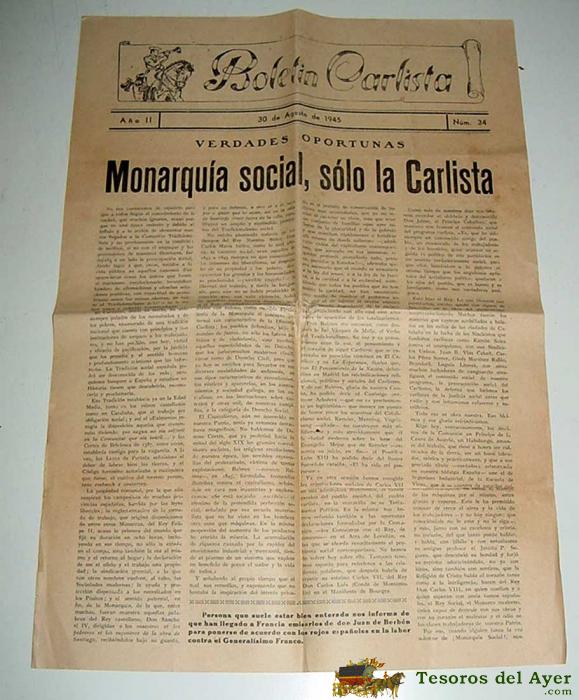 Antiguo Boletin Carlista, Carlismo - 30 De Agosto De 1945 Num. 34 - Monarquia Social, Solo La Carlista, El Enga�o De La Ense�anza Libre, Etc... - 2 Pag. - Mide 42 X 30 Cms.
