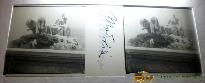 Antigua Fotografia Estereoscopica De  Madrid - Cibeles Helada - En Cristal - Mide 10,7 X 4,4 Cms.