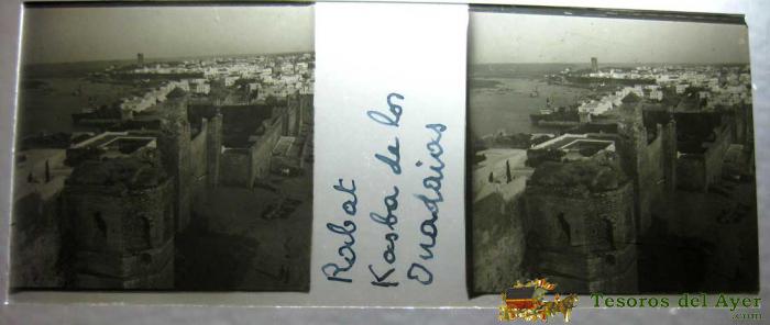 Antigua Fotografia Estereoscopica De Rabat - Kasbah De Los Oudaia - Marruecos - En Cristal - Mide 10,7 X 4,4 Cms.