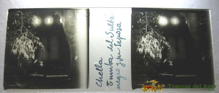 Antigua Fotografia Estereoscopica De Chella - Tumba Del Sultan Negro Y Su Esposa - Marruecos - En Cristal - Mide 10,7 X 4,4 Cms.