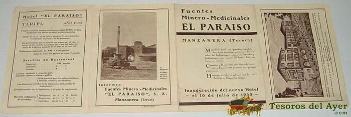 Antiguo Folleto De Fuentes Minero Medicinales El Paraiso - Manzanera, Teruel - Proxima Inaguracion Del Hotel Balneario El Paraiso - A�o 1933 - Desplegable, Abierto Mide 45 X 17 Cms.