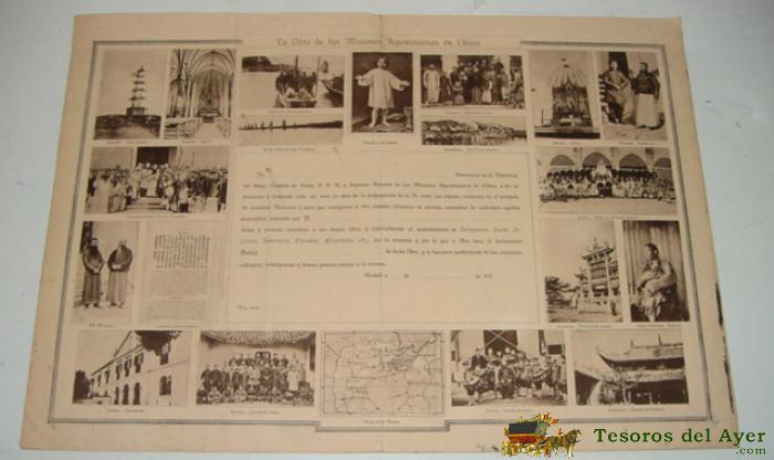 Antiguo Cartel Certificado De La Obra De Las Misiones Agustinianas En China . Mide 50 X 35,5 Cms.