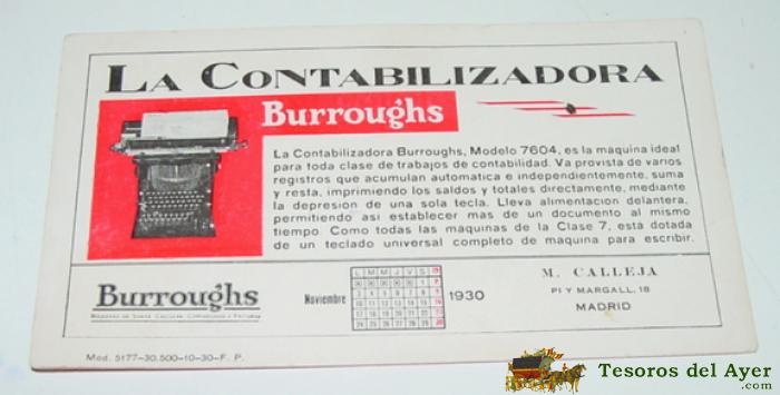 Antiguo Secante Con Publicidad Contabilizadora Burroughs - Mide 16 X 9 Cms.