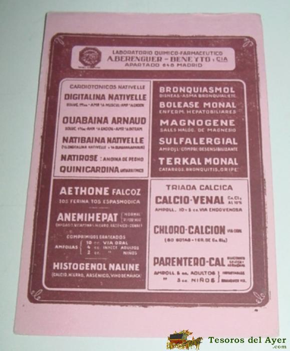 Antiguo Secante Con Publicidad De Laboratorio Quimico Farmaceutico A. Berenguer - Beneyto - Mide 14 X 9 Cms.