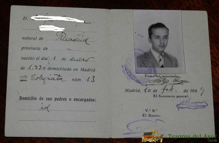 Antiguo Carnet O Carta De Identidad Escolar De La Uniersidad De Madrid, Facultad De Ciencias Politicas Y Economicas - Curso 1948 A 1949 - Mide Desplegado 16 X 10,7 Cms.