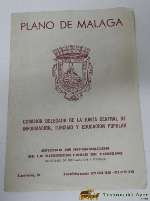Antiguo Plano De Malaga, Editado Por La Junta Provincial De Informacion Turismo Y Educacion Popular De Malaga, A�os 50 - Mide Desplegado 43 X 32 Cms.