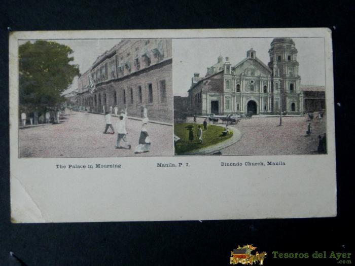 Antigua Postal, Manila, El Palacio Por La Ma�ana, Iglesia Binondo, Sin Dividir, No Circulada