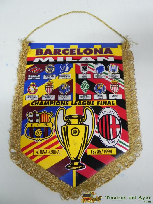 Antiguo Banderin, Futbol Club Barcelona, Milan, Final Champions League, 18-05-1994, Mide 35 X 26 Cms