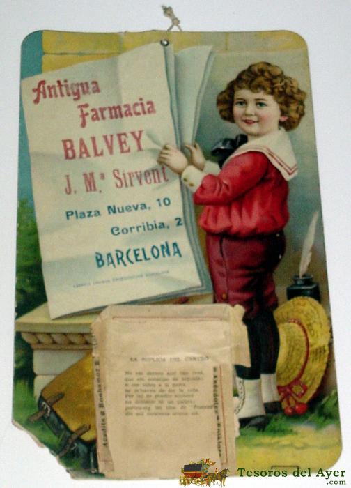 Antiguo Cromo De Carton Con Publicidad De Farmacia Balvey, J.m. Sirvent, Barcelona, Fabrica Cromos Friedrichs, Mide 29 X 18 Cms.