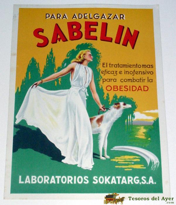 Antiguo Display De Carton Con Publicidad De Sabelon, Tratamiento Para La Obesidad, Laboratorios Sokatarg, Mide 29 X 22 Cms.