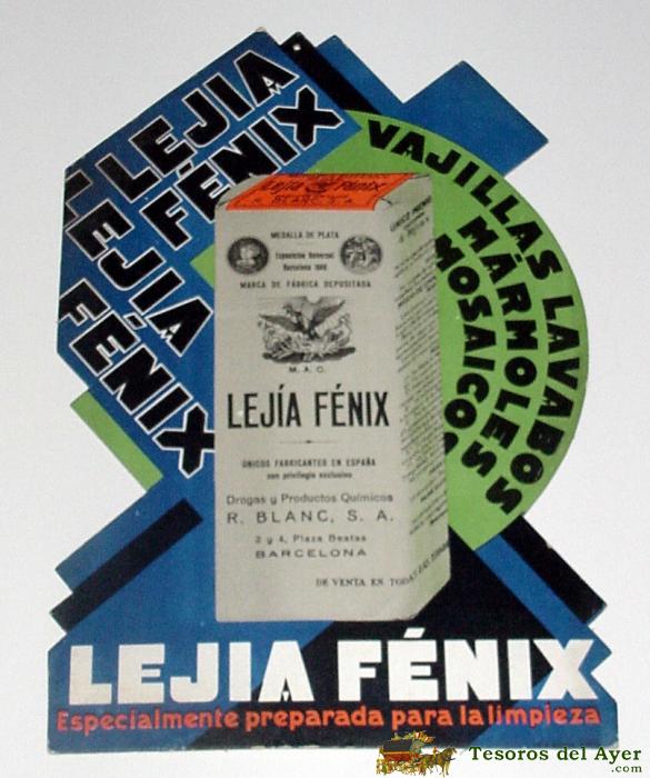 Antigua Display De Carton Con Publicidad De Lejia Fenix, Drogas Y Productos Quimicos R. Blanc, Barcelona - Mide 30 X 21 Cms.