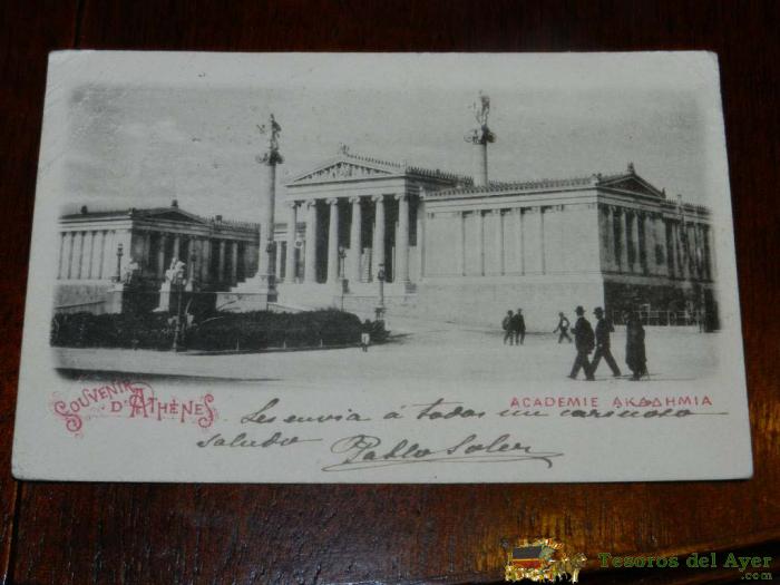 Antigua Foto Postal, Atenas, Academia, Circulada, Old Photo Postcard, Athens, Academy, Circulated