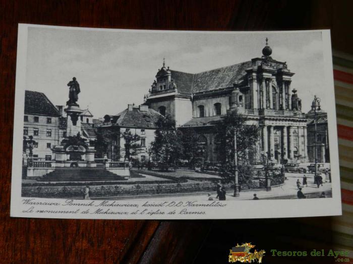 Antigua Foto Postal, Varsovia, Mickiewicz Monumento, Sin Circular, Warszawa, Pomnik Mickiewicza, Uncirculated