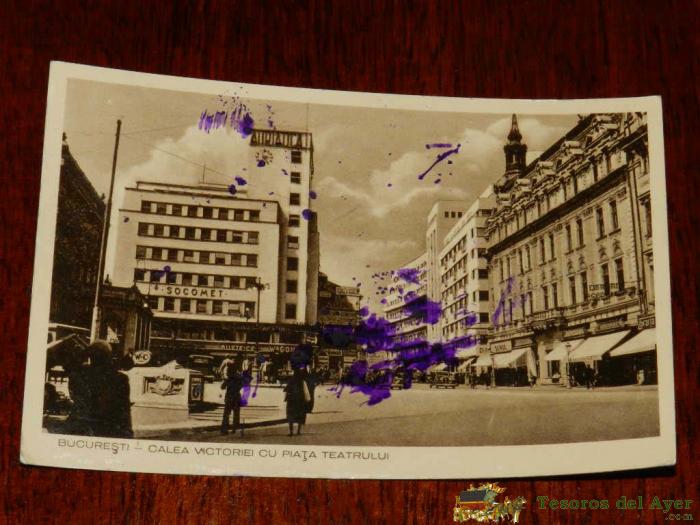 Antigua Foto Postal, Bucarest, Victoriei Plaza Del Teatro, Circulada, Bucuresti, Ta Teatrului, Circulated