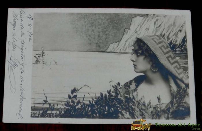 Antigua Foto Postal Surrealista De Mujer, Npg 107/5, Modernista, Art Nouveau, Circulada En 1902, Sin Dividir