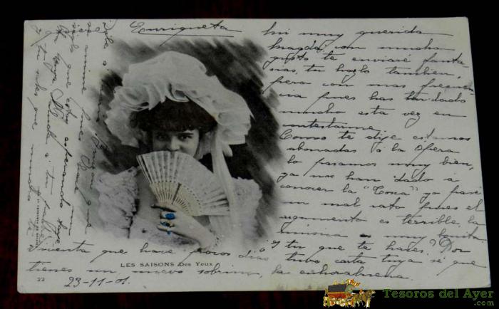 Antigua Postal  De Mujer Juego De Ojos, Les Saisons Des Yeux, 22 Circulada En 1902 Sin Dividir
