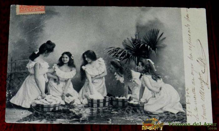 Antigua Postal  De Chicas Vintage Art Nouveau Clement Tournier, Serie 1120 Circulada En 1902 Sin Dividir