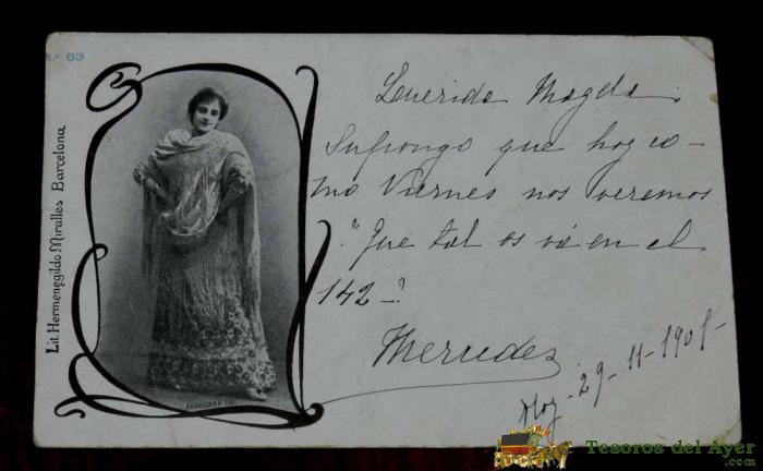 Antigua Postal De Artista , Audouard Fot., Lit. Hermenegildo Morales, Circulada En 1901, N� 63 Con Sello En Azul De La Estafeta Del Senado. Sin Dividir