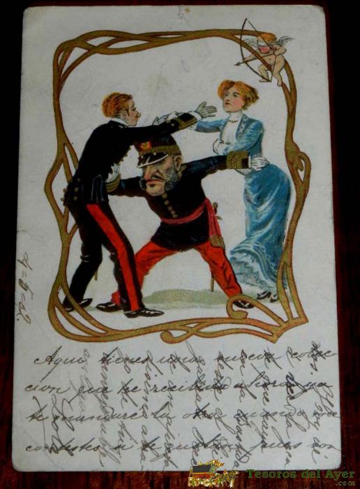 Antigua Postal De Ilustrador. El Ejercito Separa A Los Amantes, Circulada En 1902 Sin Dividir