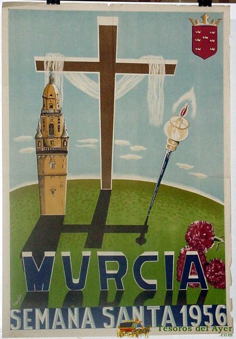 Antiguo Cartel De 	Murcia, Semana Santa 1956, Ilustrado Por J. Hern�ndez � Mide 100 X 69 Cms.
