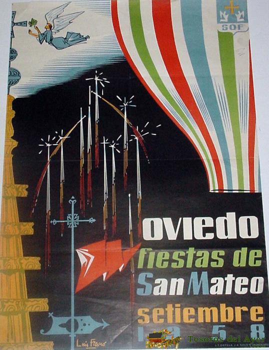 Antiguo Cartel De	Oviedo Fiestas San Mateo, Septiembre De 1958, Ilustrado Por Luis Fresno � Mide 70 X 49 Cms.