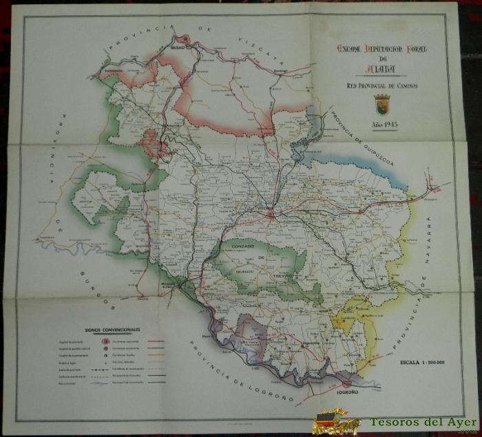 Antiguo Mapa De La Excma. Diputacion Foral De Alava, Red Provincial De Caminos, A�o 1945. I.g. Seix & Barral Hermanos, Mide 59,5 X 56 Cms.