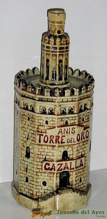 Antigua Botella Cion Publicidad De Cazalla En Ceramica Representa La Torre Del Oro De Sevilla - 27 X 11 Cm. Excelente Estado De Conservacion. (caja 7)